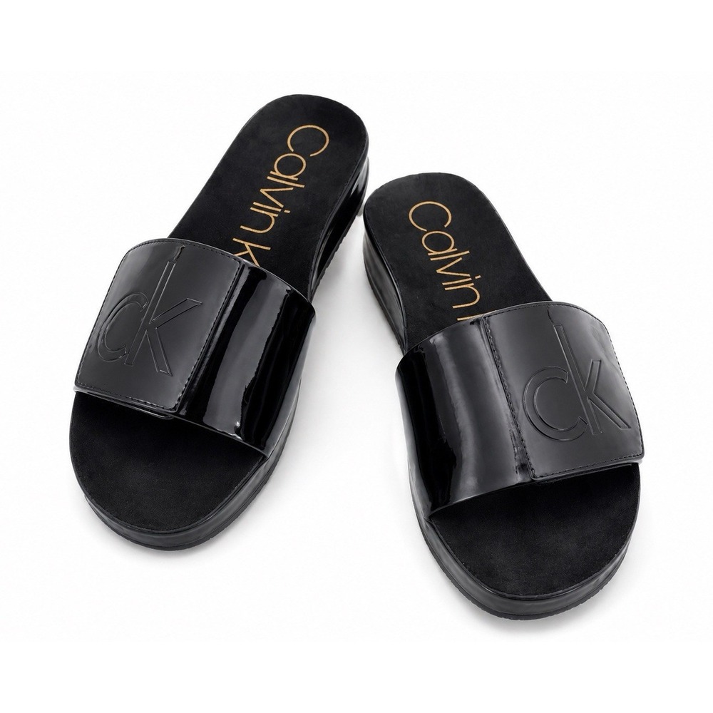 Calvin Klein Women's Black Logo Synthetic Slide Sandals Slip On Flat US 6 EU 36